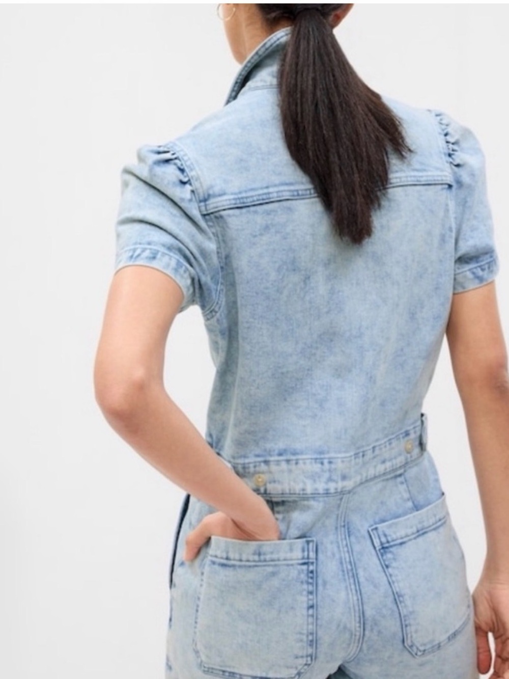 GAP Light Wash Denim Utility Romper Puff Sleeve Shorts Jumpsuit | Size 10 - Picture 5 of 8